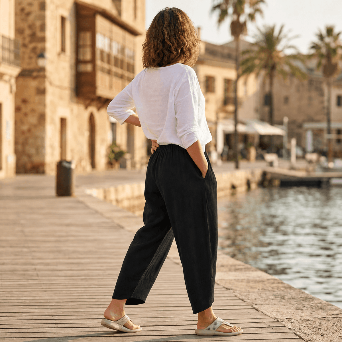 Womens Linen Trousers with Wide Leg, Cropped Length and Pockets