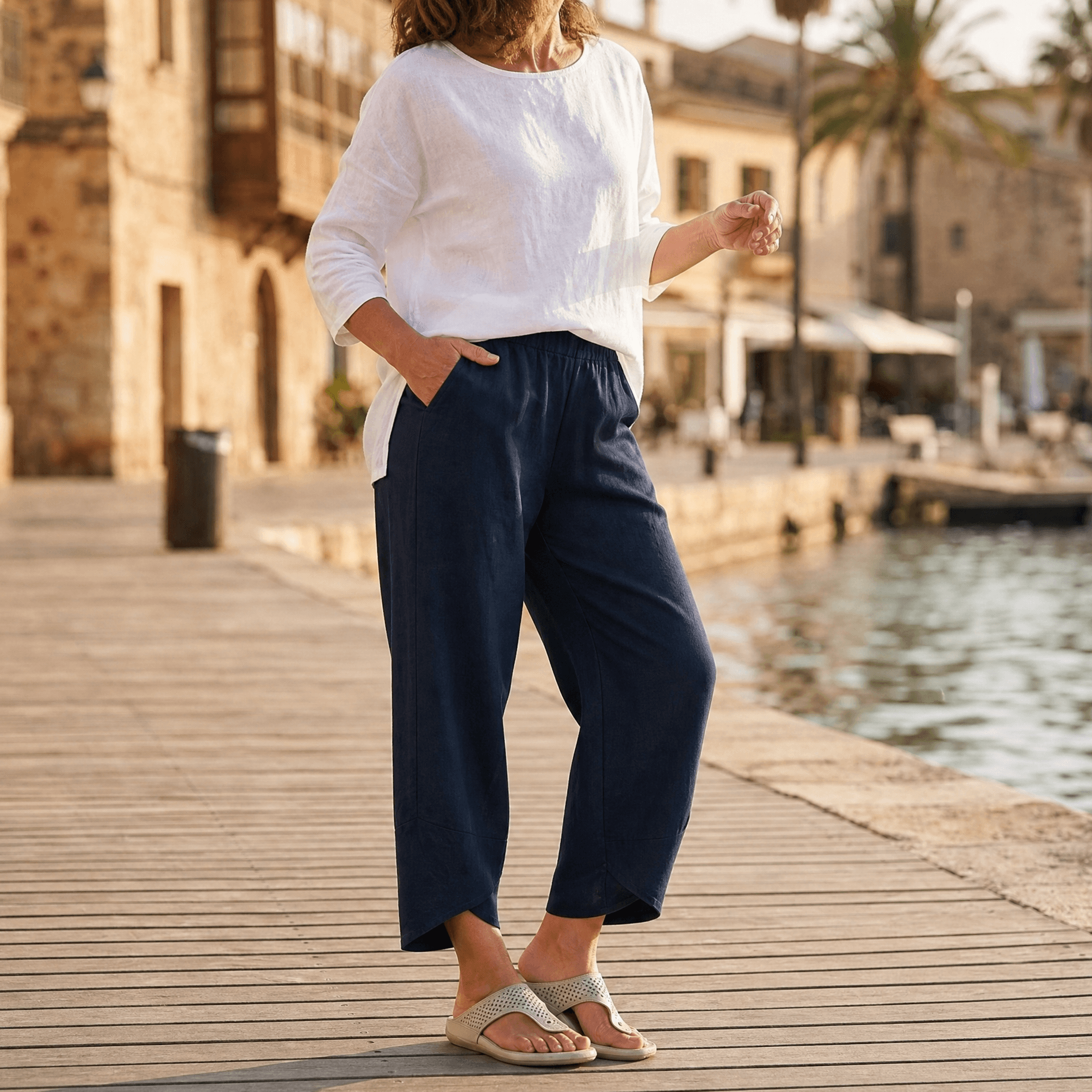 Womens Linen Trousers with Wide Leg, Cropped Length and Pockets