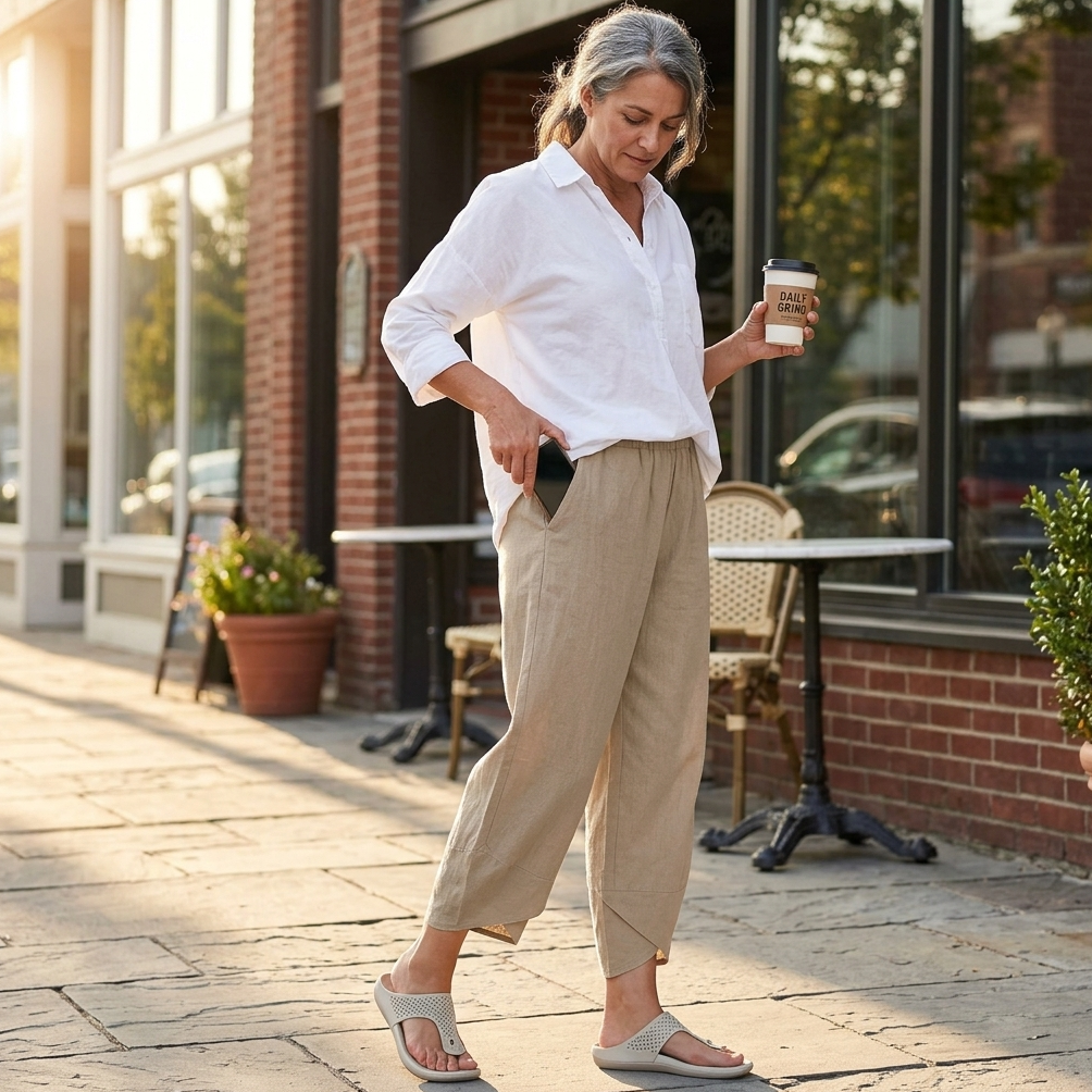 Womens Linen Trousers with Wide Leg, Cropped Length and Pockets