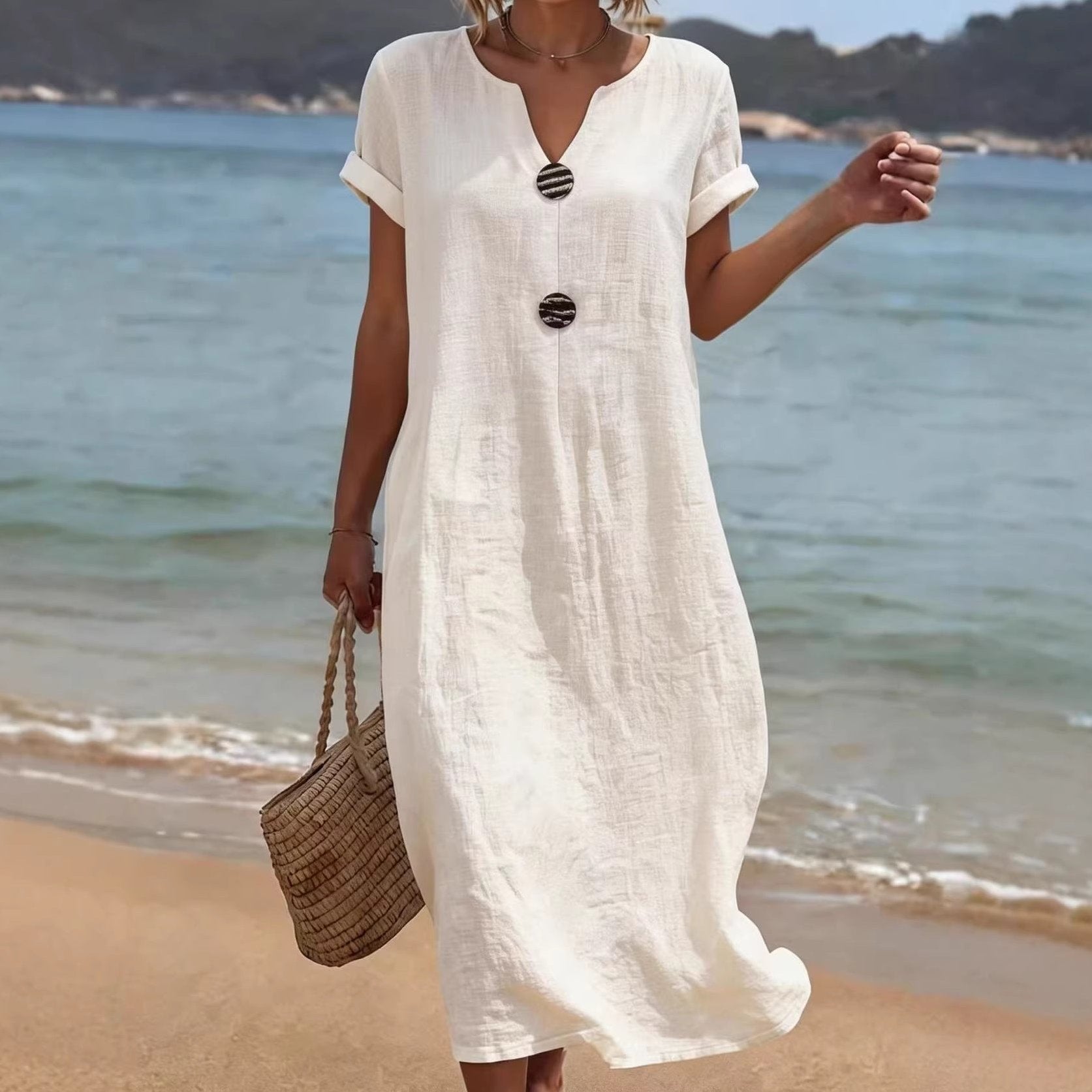 Womens Midi Dress in Cotton Linen with Notch Neck and Button Front
