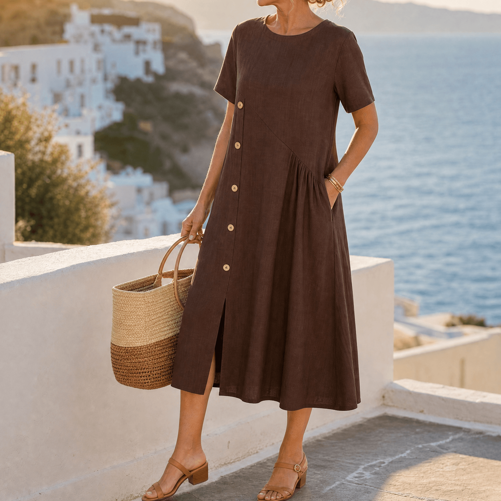 Women's Linen Midi Dress with Asymmetric Button Placket and Pockets