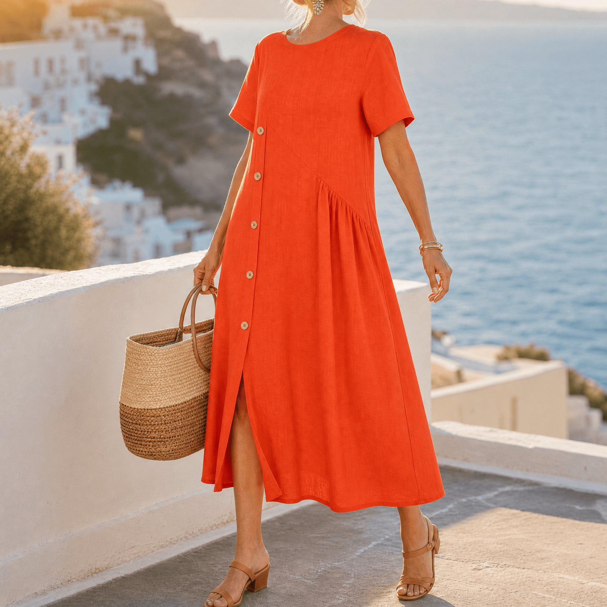Women's Linen Midi Dress with Asymmetric Button Placket and Pockets