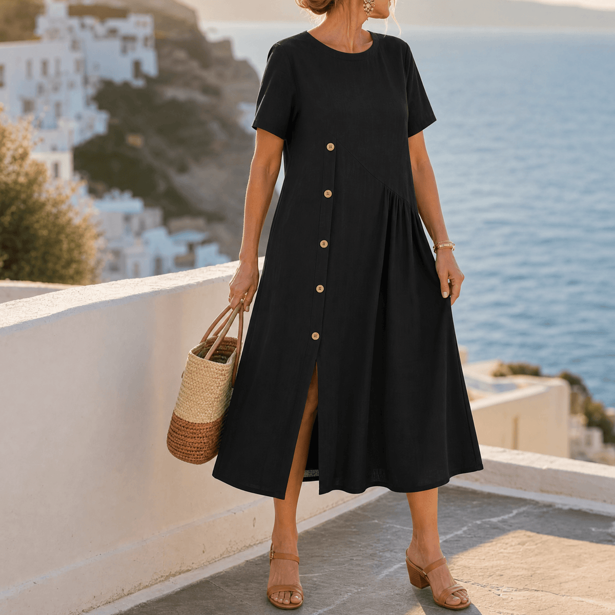 Women's Linen Midi Dress with Asymmetric Button Placket and Pockets