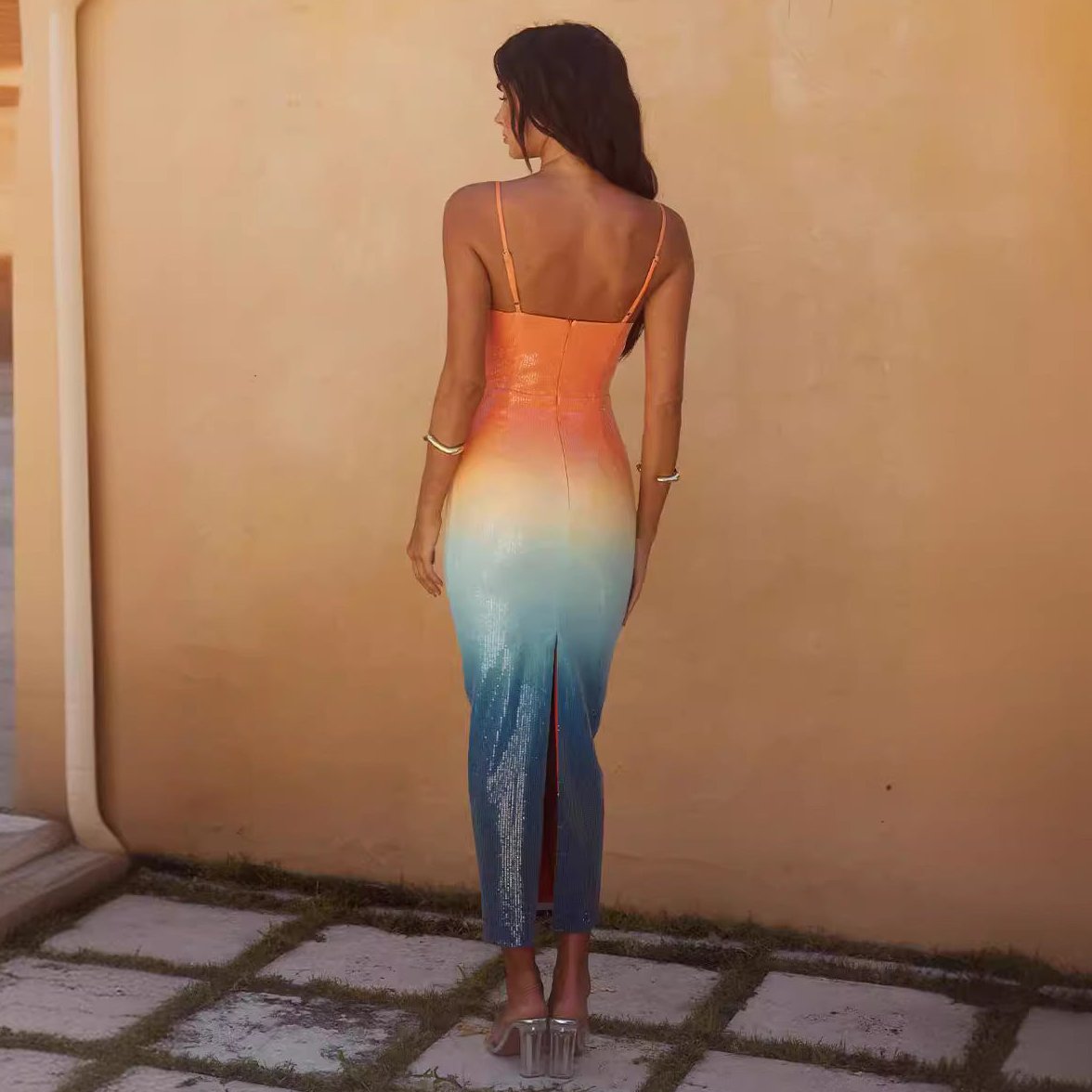 Midi Dress with Sequin Ombre Finish and Starfish Applique in Polyester