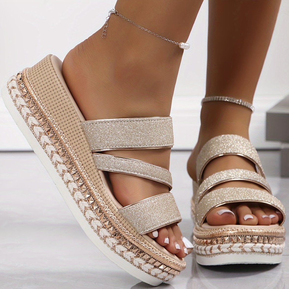 Womens Sandals with Three Glitter Straps on a Wedge Sole in Beige