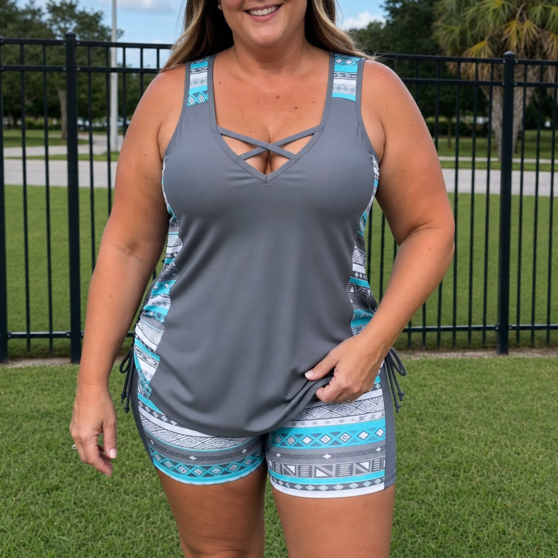 Plus Size Swimwear Tankini Set with Crisscross V-Neck and Shorts