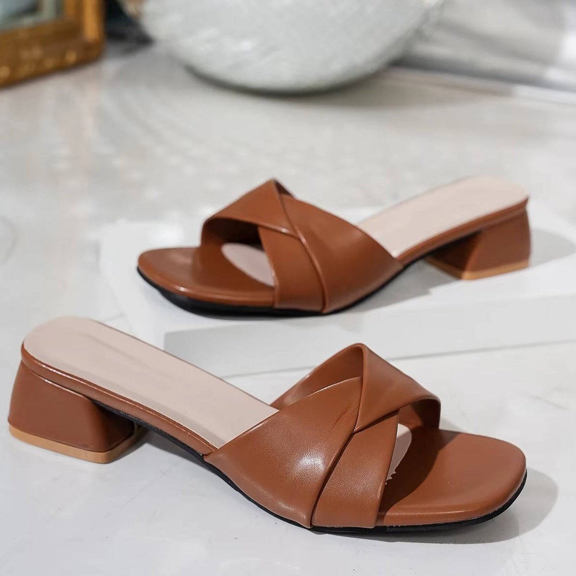 Womens Summer Sandals with Twisted PU Strap and Low Block Heel