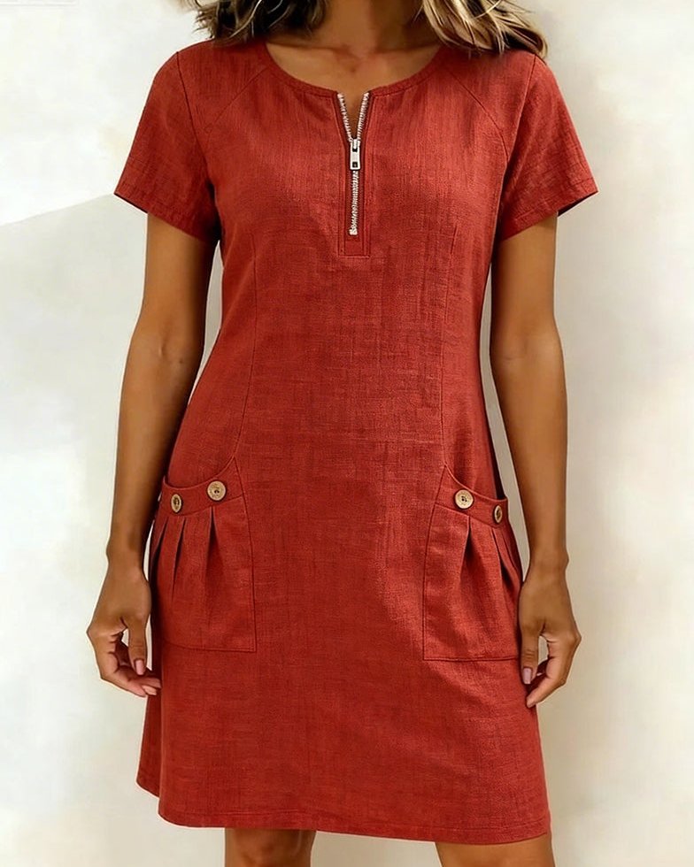 Womens Summer Dress in Linen with Half Zip Neck and Patch Pockets
