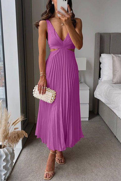 Women's Pleated Midi Dress with V-Neck and Waist Cut-Outs