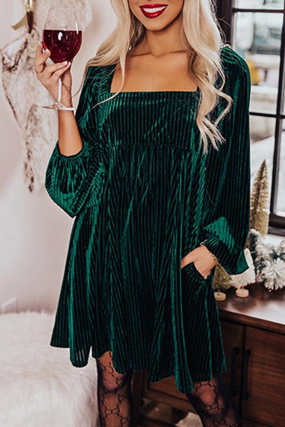Babydoll Mini Dress with Square Neckline in Velvet-Feel Fabric