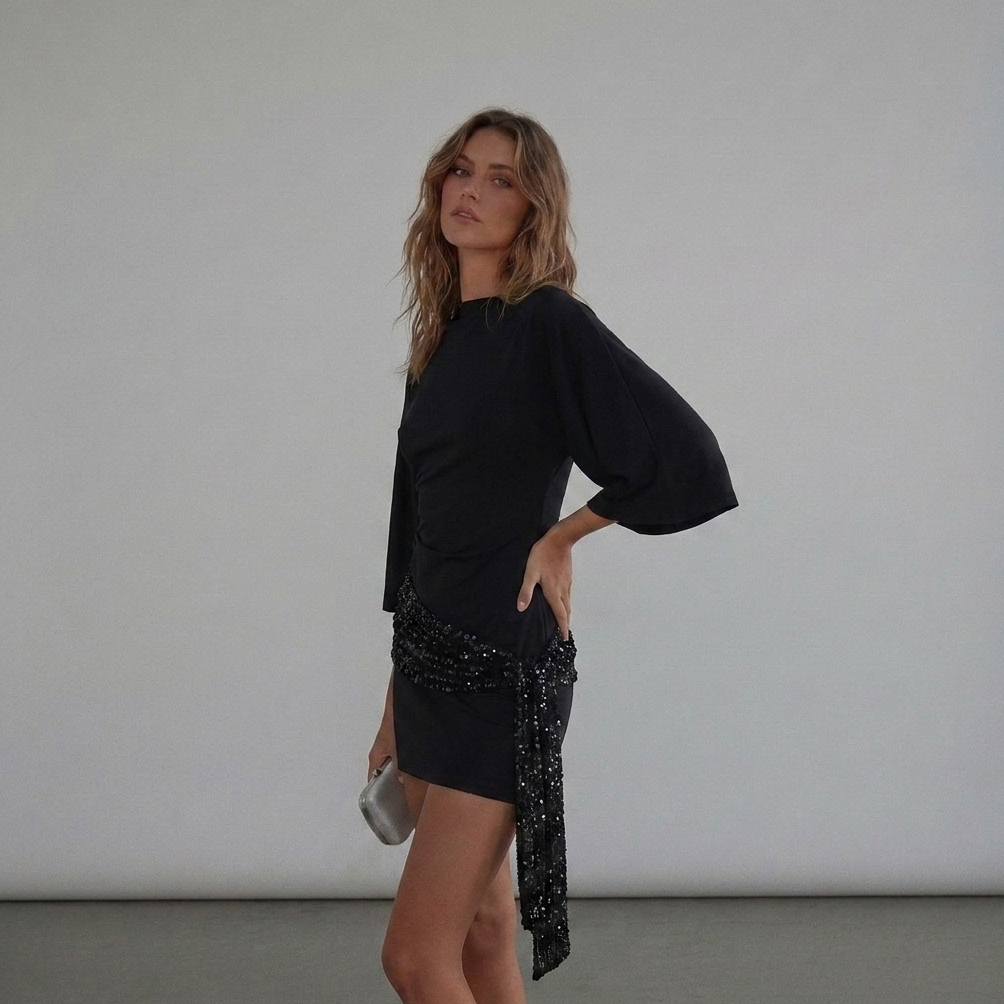 Women's Mini Dress with Sequin Sash and Draped Hip Detail