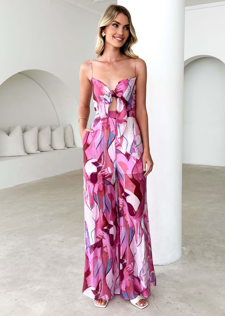 Womens Maxi Dress in Abstract Print with Wide Legs and Tie Front