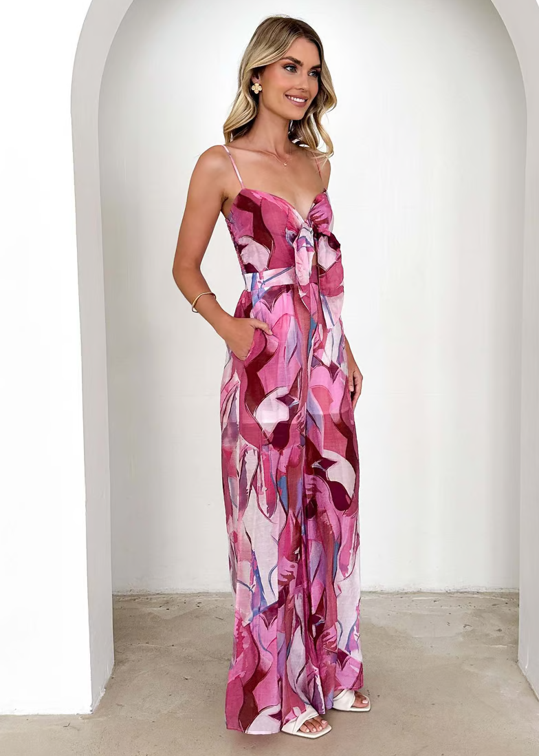 Womens Maxi Dress in Abstract Print with Wide Legs and Tie Front