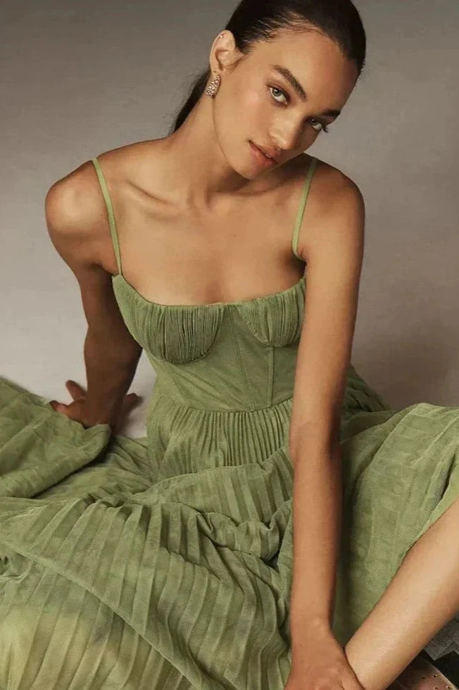 Maxi Bustier Dress with Pleated Tulle-Look Skirt