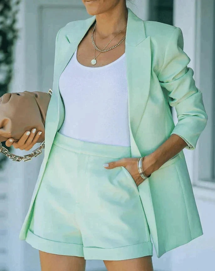 Womens Shorts Set with Longline Blazer in Matte Suiting Fabric