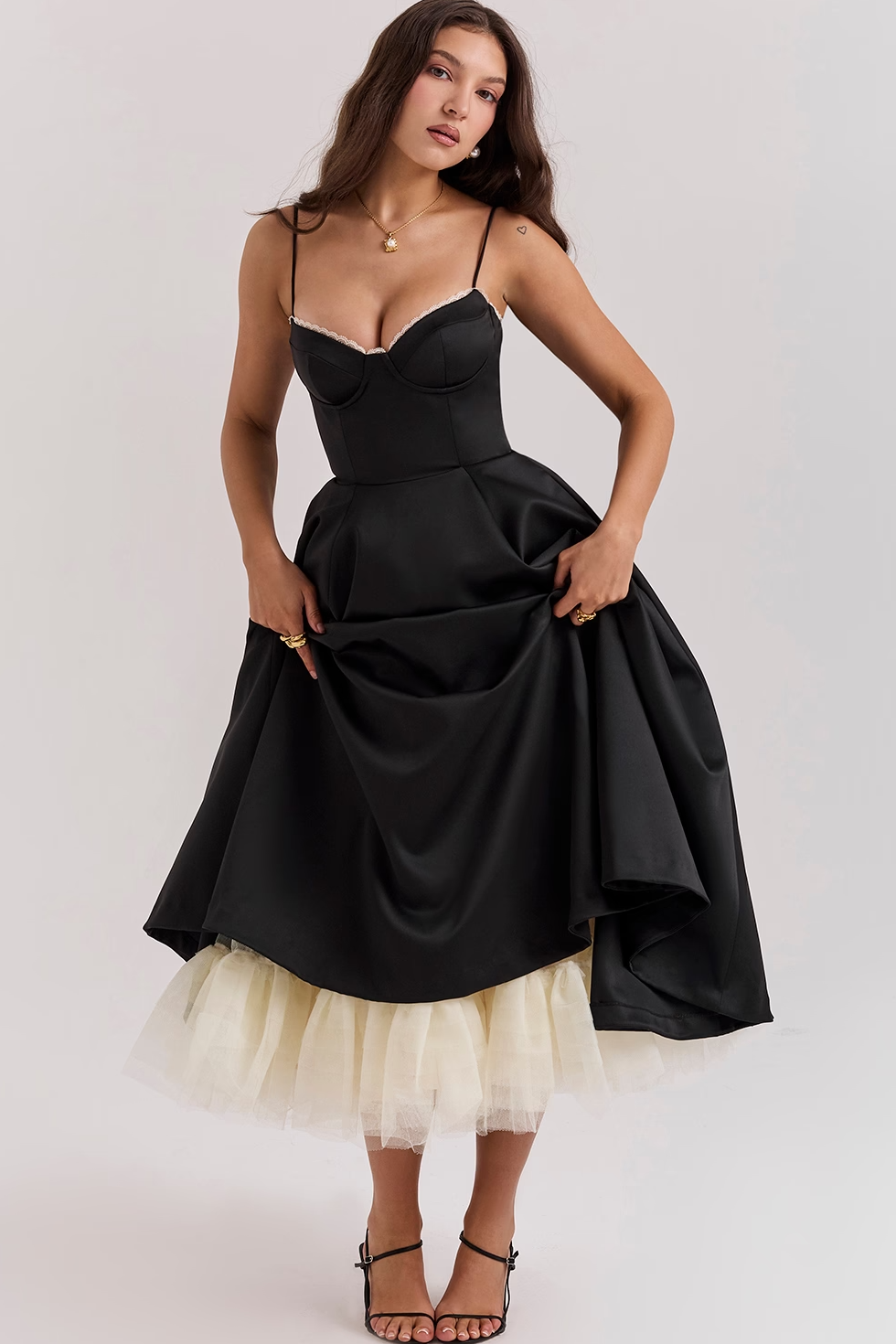 Midi Dress with Corset Bodice and Tulle Underskirt