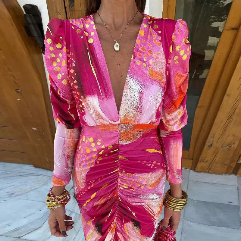 Maxi Sundress in Pink with Puff Sleeves and Ruched Front for Women