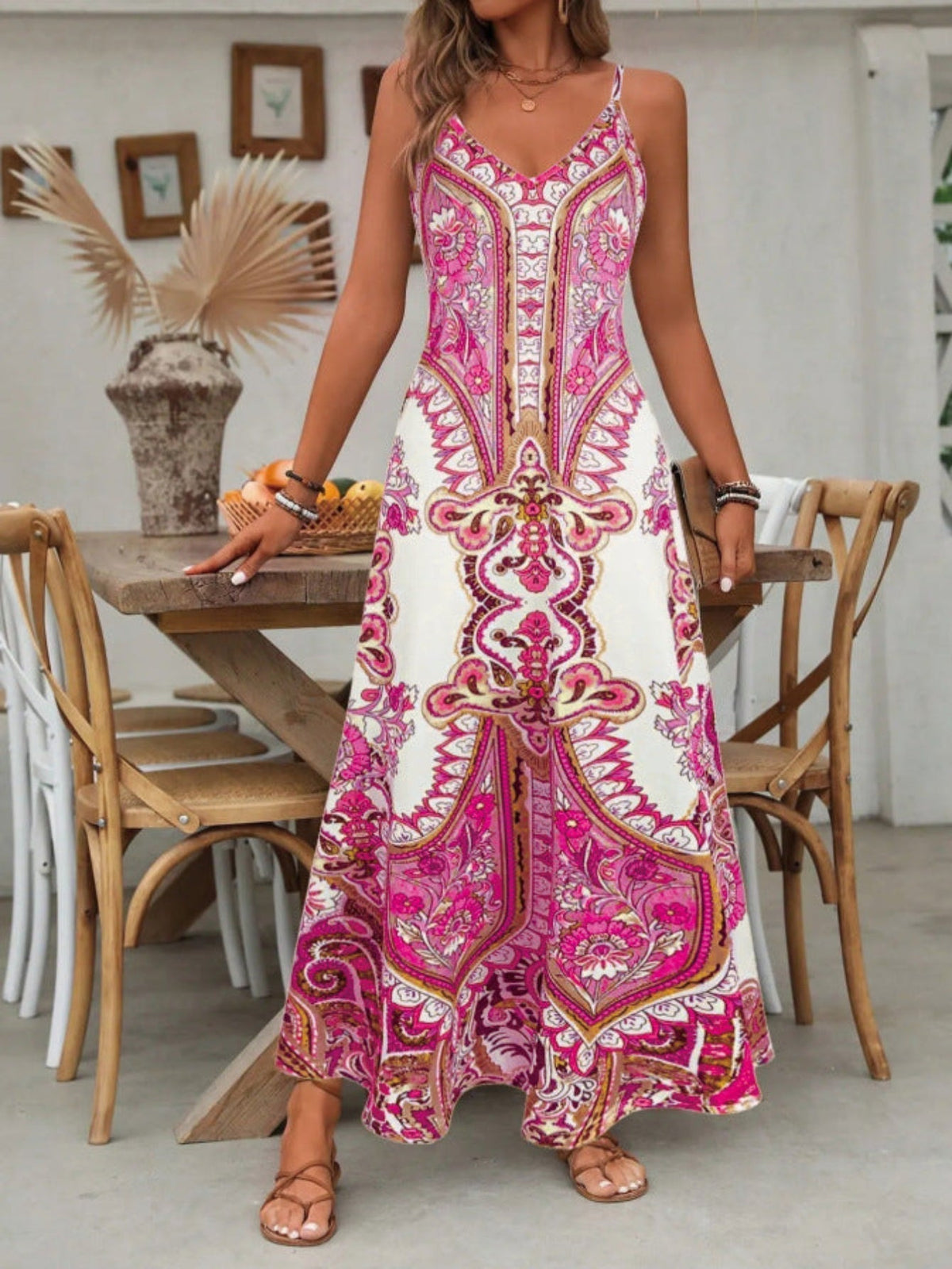 Maxi Sundress with Mandala Print and V-Neck for Women