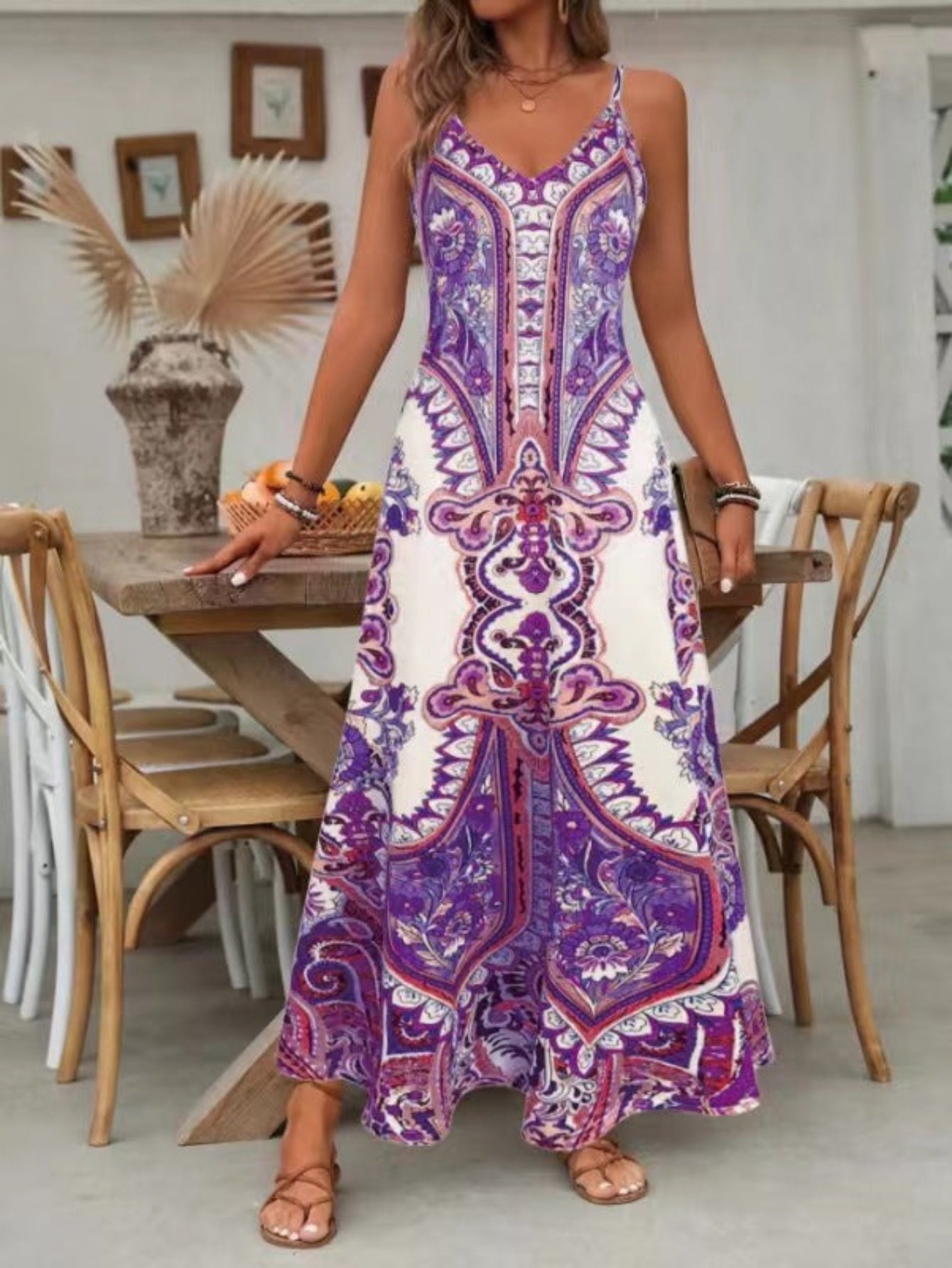 Maxi Sundress with Mandala Print and V-Neck for Women
