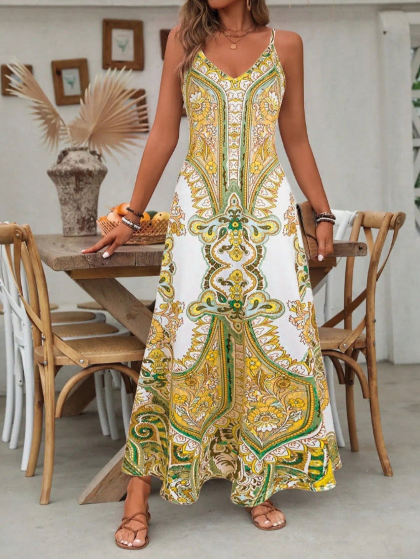 Maxi Sundress with Mandala Print and V-Neck for Women