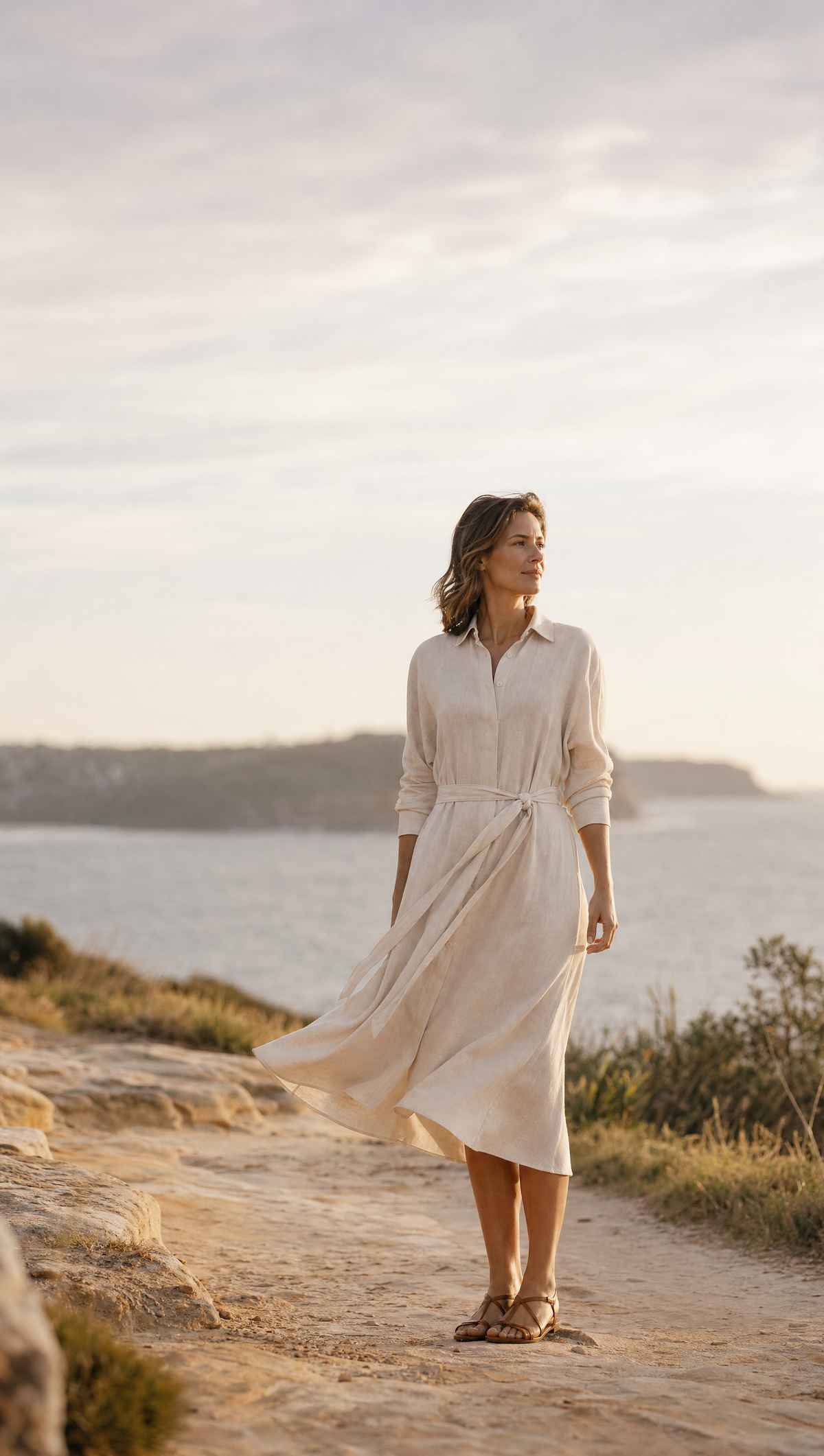 Woman in a cream midi shirt dress standing on a coastal path above the ocean near Sydney