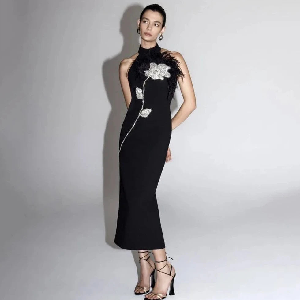 Women's Backless Feather Trim Midi Dress - Image 3