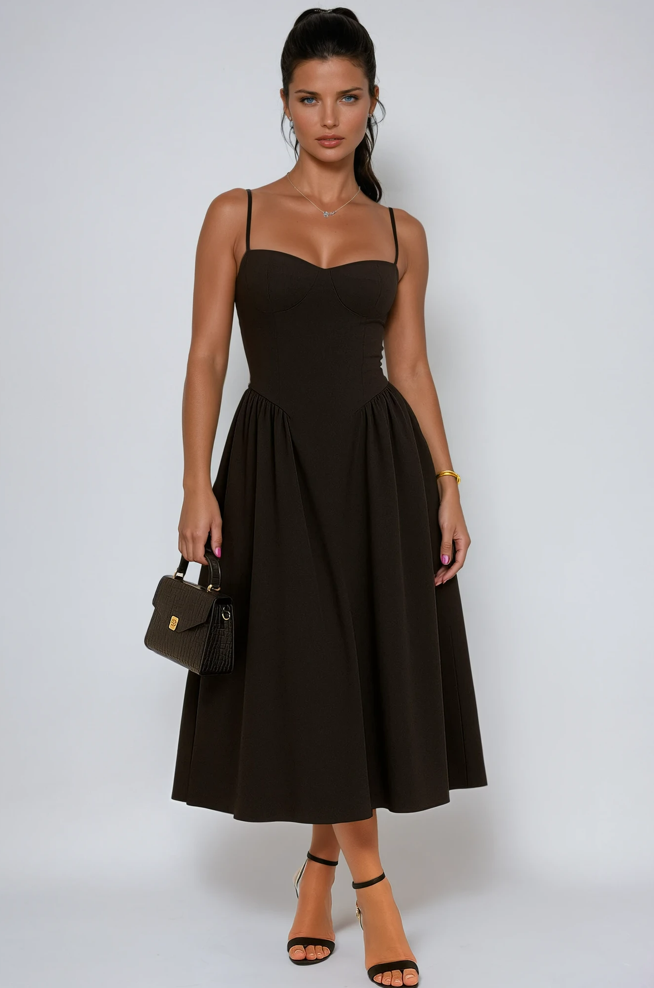 Women's Black Pleated Midi Dress for Work - Image 1