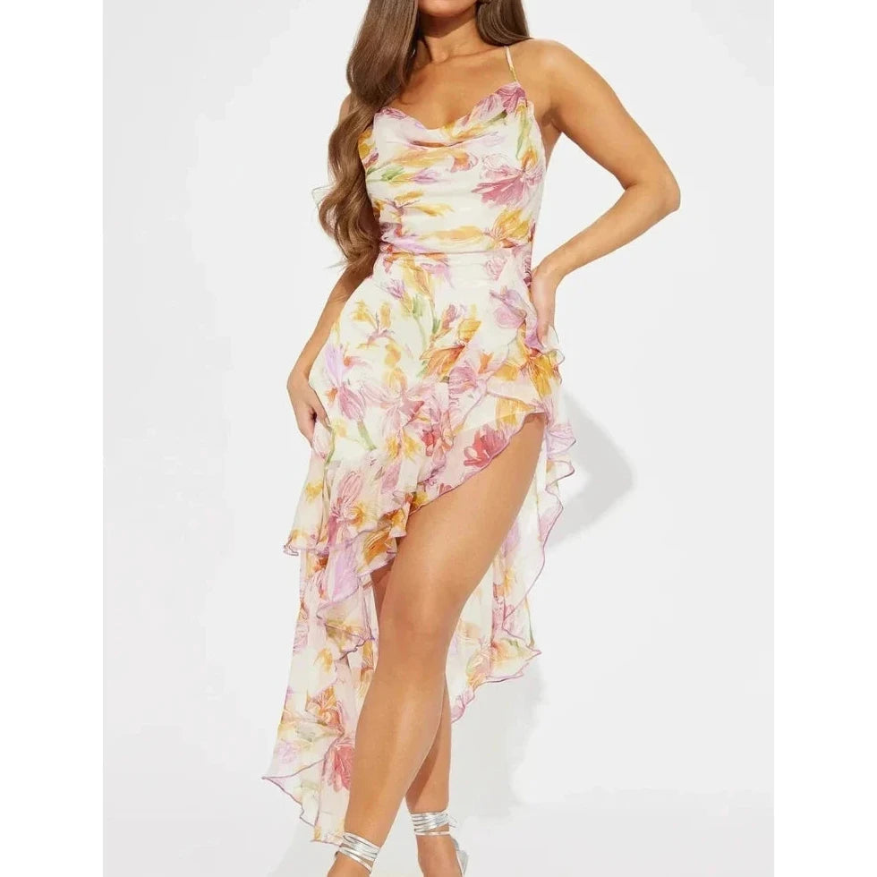 Women's Floral Halter Neck High-Low Dress - Image 1