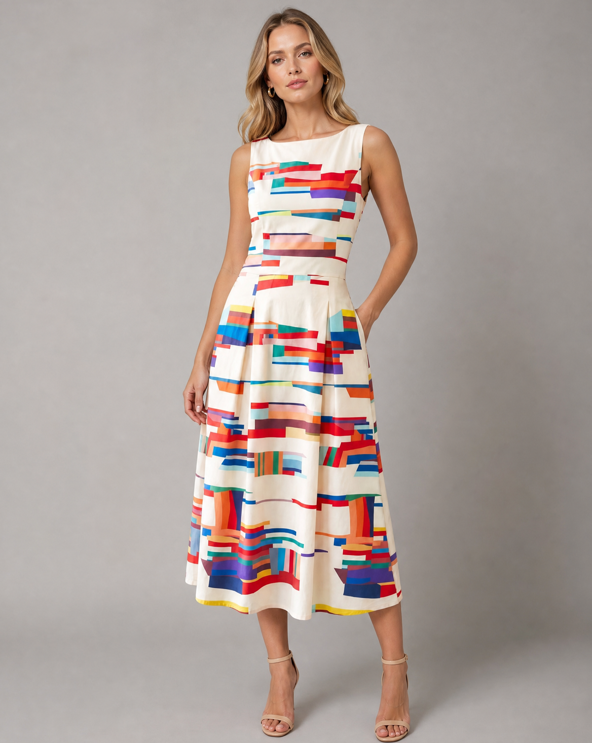 Women's Ivory Geometric Print Midi Dress - Image 1