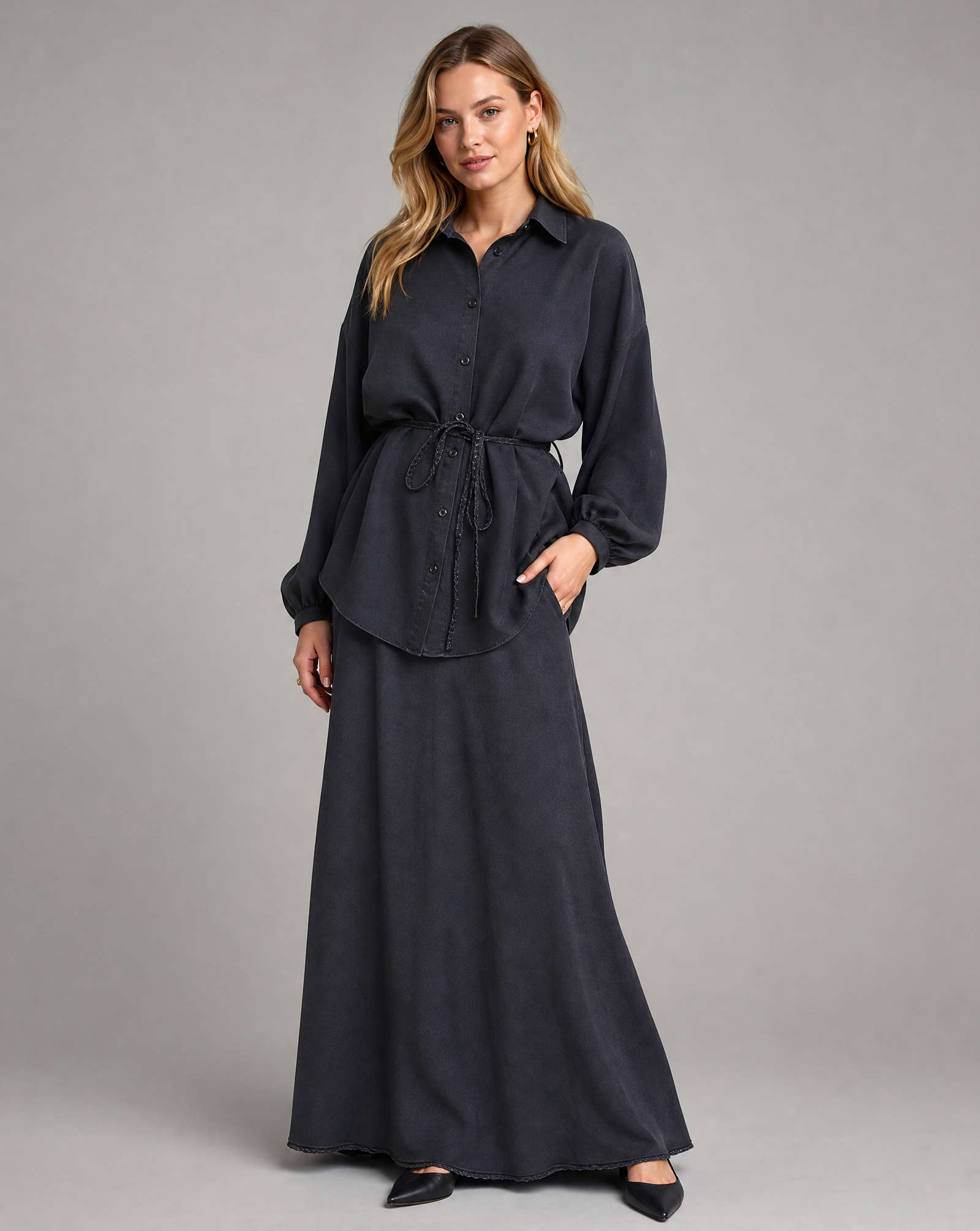Women's Long Sleeve Tie-Front Shirt and Skirt Set - Image 1
