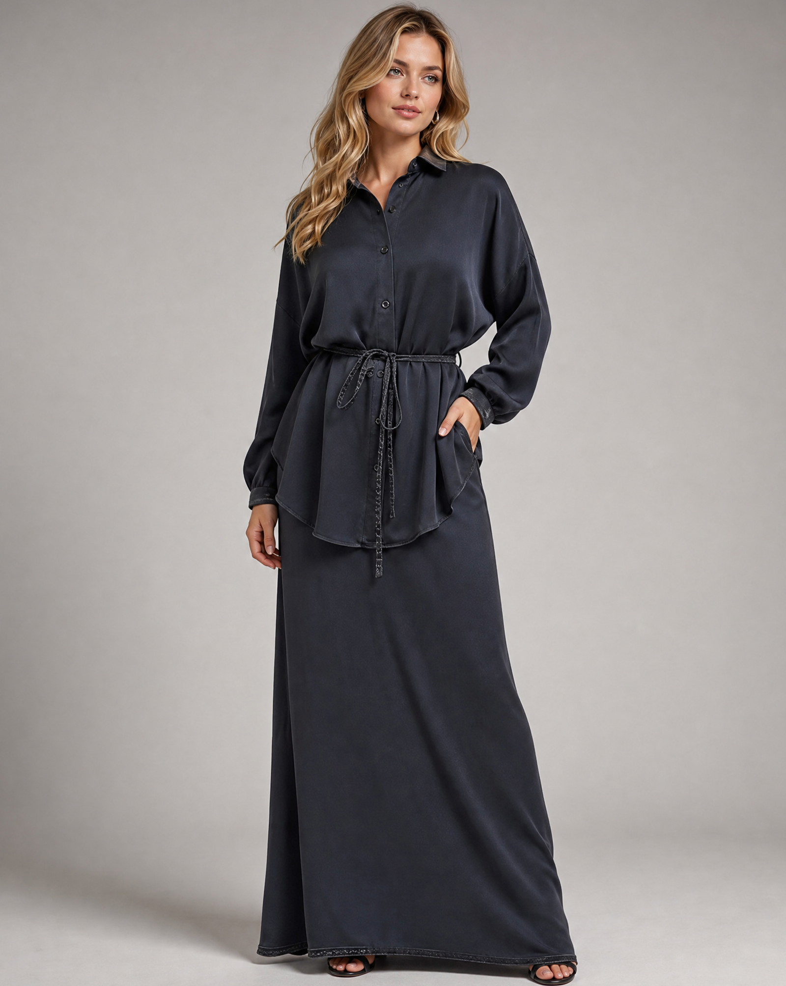 Women's Long Sleeve Tie-Front Shirt and Skirt Set - Image 2
