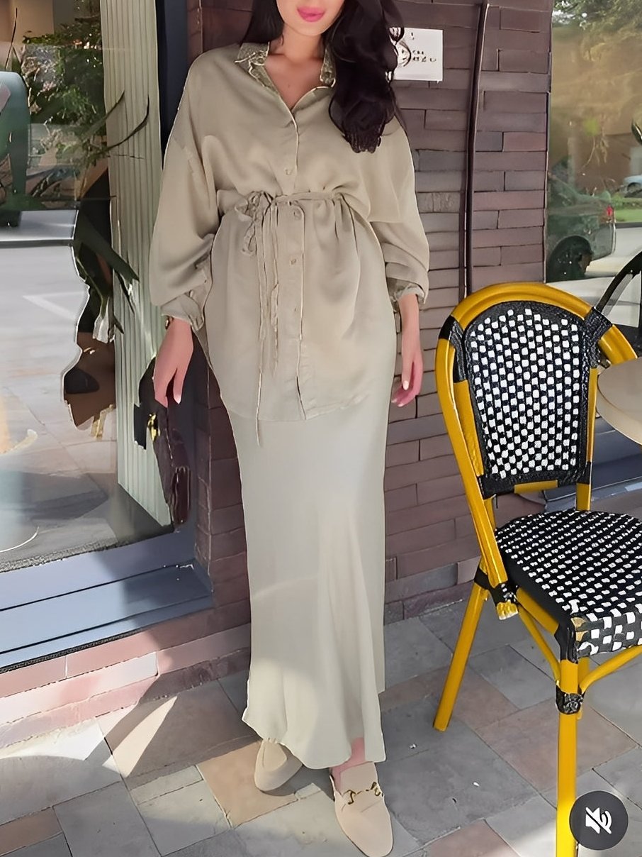 Women's Long Sleeve Tie-Front Shirt and Skirt Set - Image 7