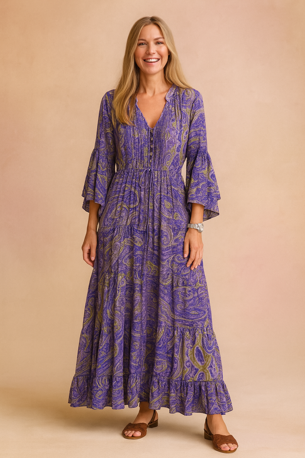 Women's Long Sleeve V-Neck Maxi Dress with Drawstring Waist - Image 2