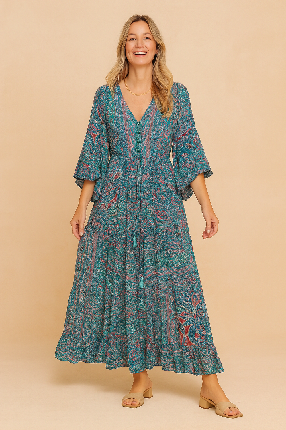 Women's Long Sleeve V-Neck Maxi Dress with Drawstring Waist - Image 3