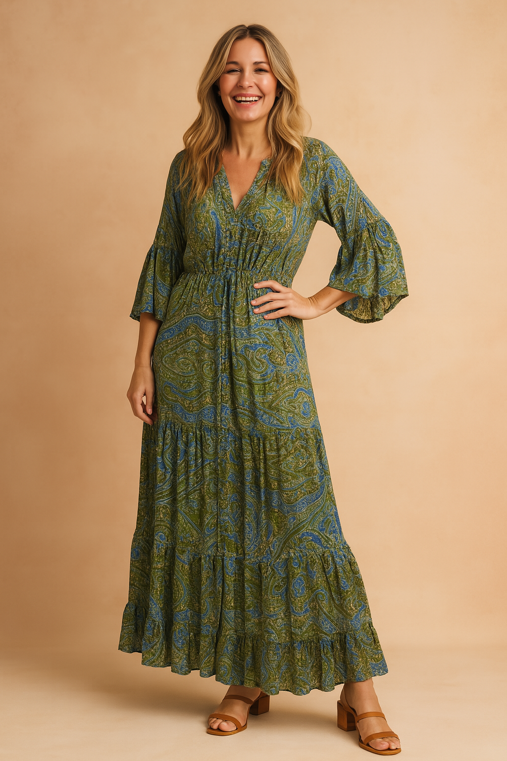 Women's Long Sleeve V-Neck Maxi Dress with Drawstring Waist - Image 5