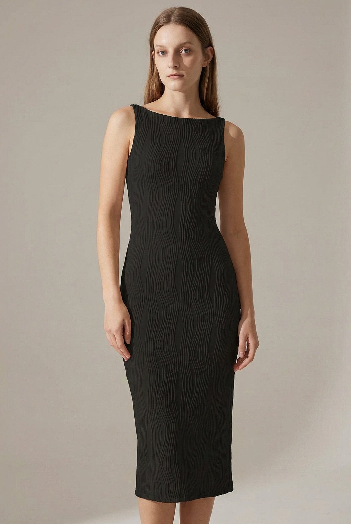 Women's Ripple Texture Midi Dress in Polyester Blend