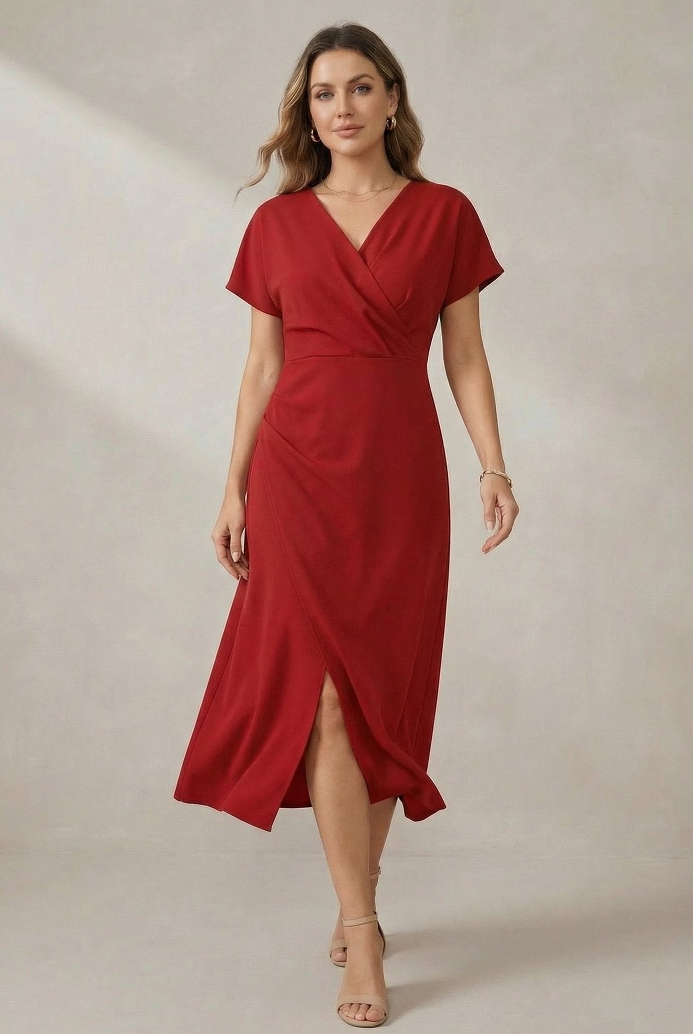 Women's V-Neck Midi Dress with Wrap Front and Short Sleeves