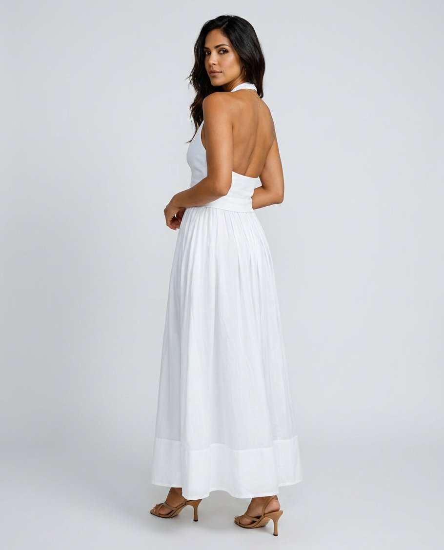 Women's Sleeveless Maxi Dress with Halter V Neck in Polyester