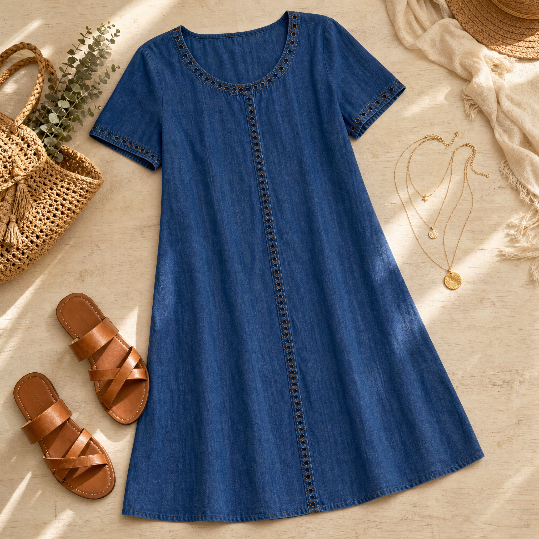 Summer Dresses: Women's Denim Midi Dress with Eyelet Trim