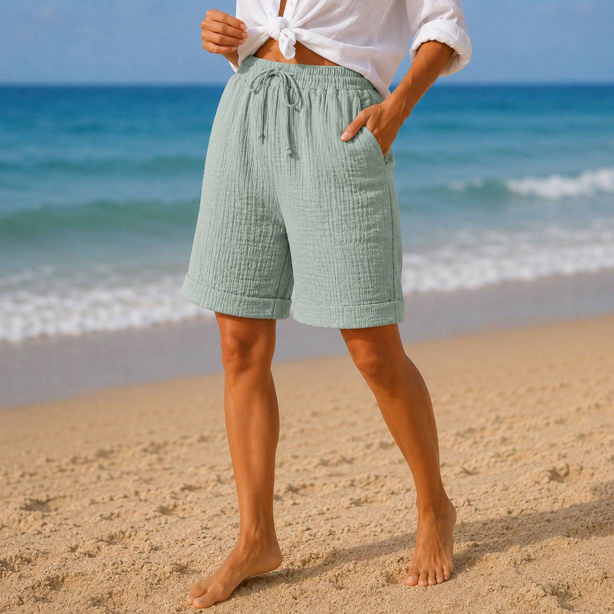 Womens Knee Length Shorts with Drawstring Waist and Pockets