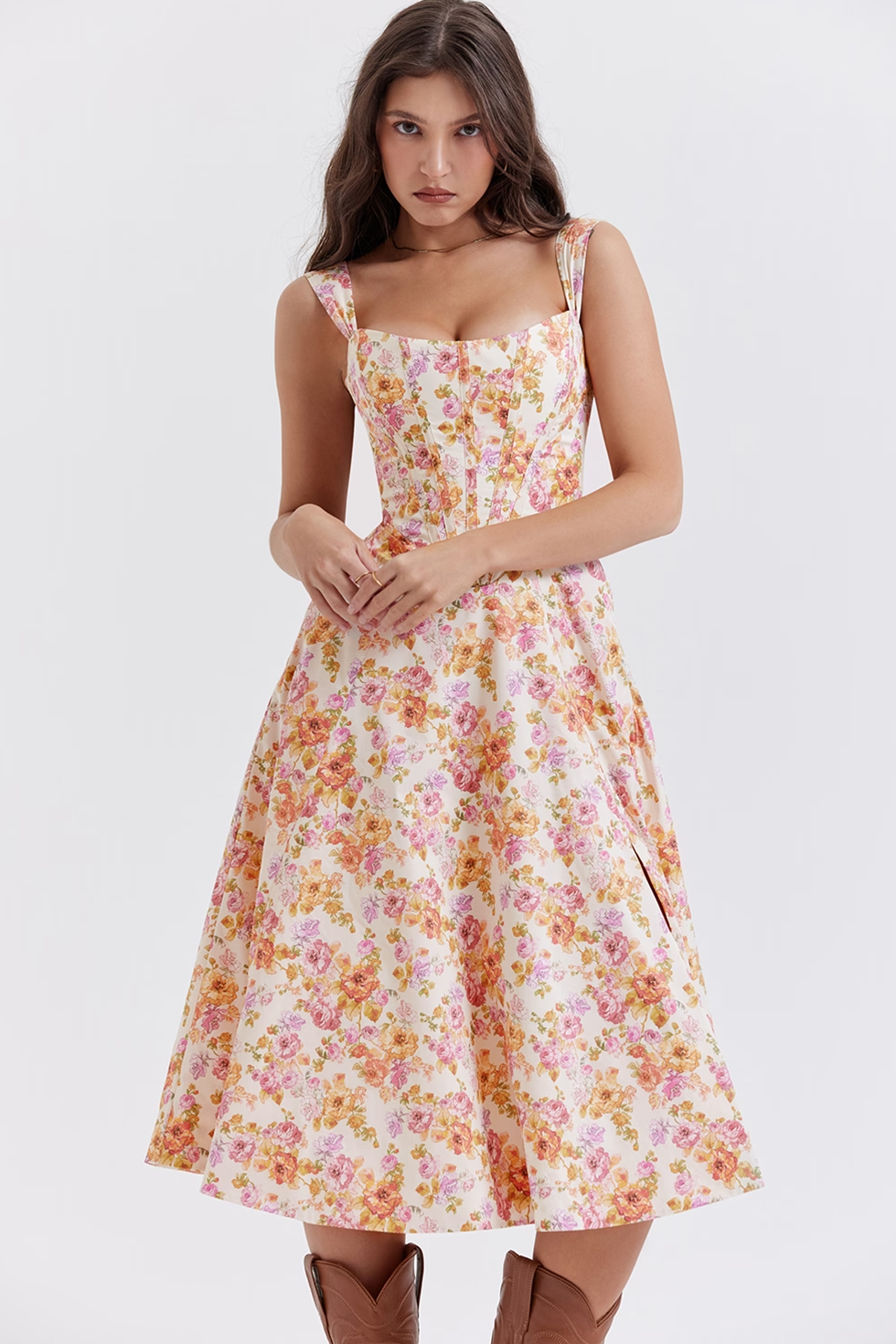 Corset Midi Dress with Square Neck in Lined Fabric and A-Line Cut