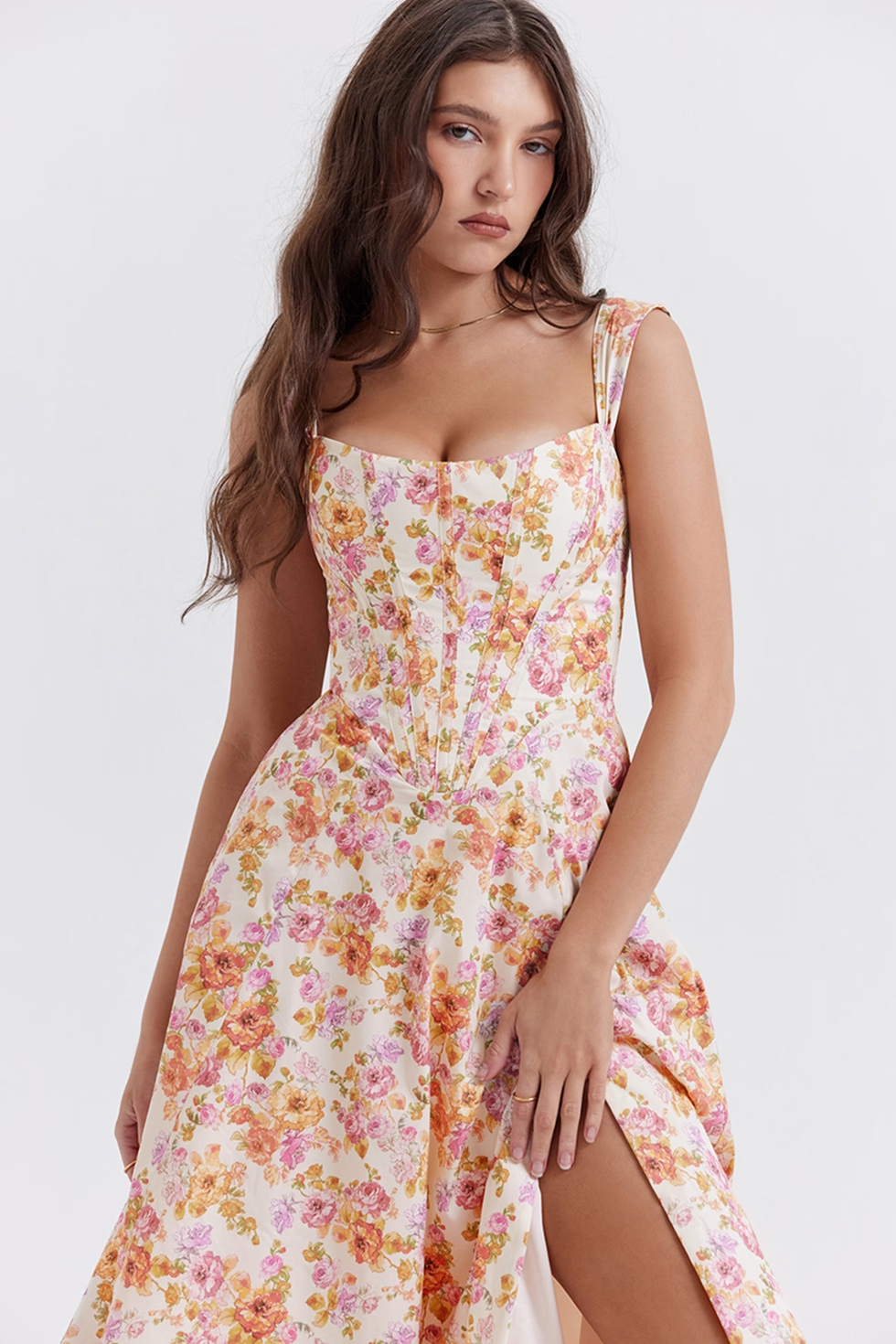 Corset Midi Dress with Square Neck in Lined Fabric and A-Line Cut