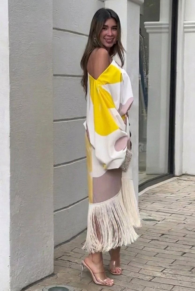 Long Sleeve Midi Dress with One Shoulder Neckline and Fringe Hem