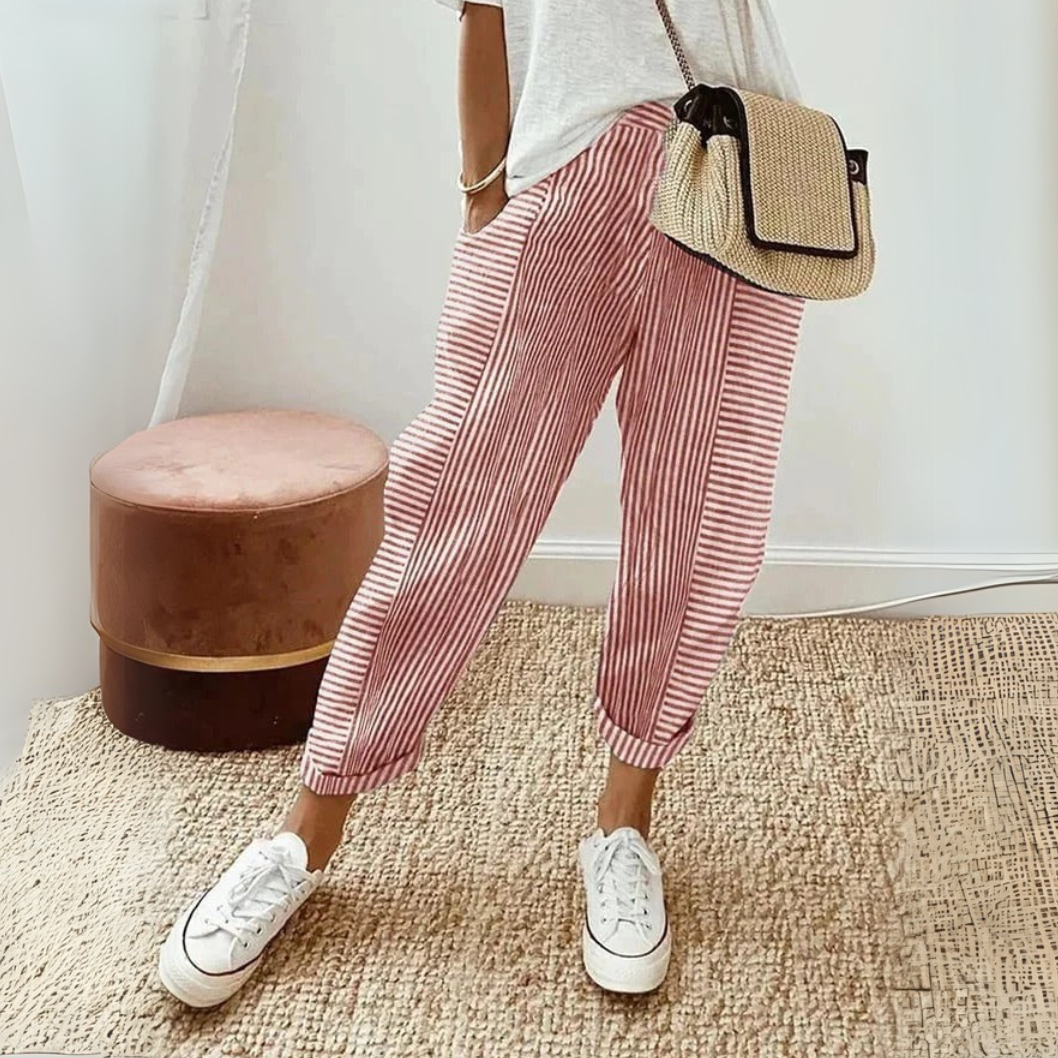 Womens Wide Leg Pants with Striped Pattern in Linen Look