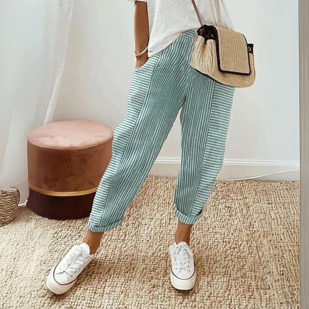 Womens Wide Leg Pants with Striped Pattern in Linen Look