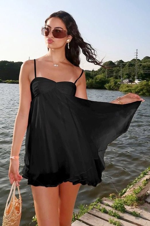 Women's Babydoll Mini Dress with Chiffon Look and Spaghetti Straps
