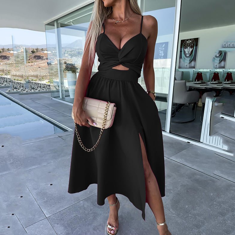 Women's Cut-Out Midi Dress with Sweetheart Neck and Leg Split