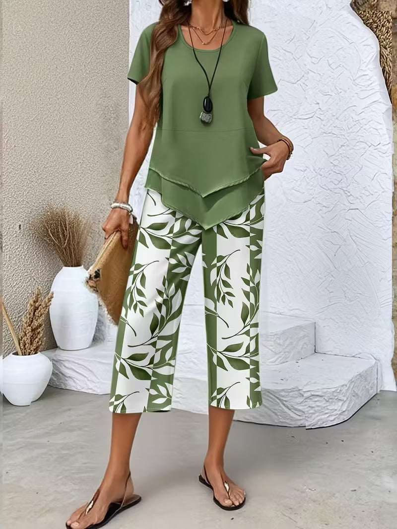 Summer 2 Piece Sets for Women with Leaf Print Tee and Wide Leg Pants