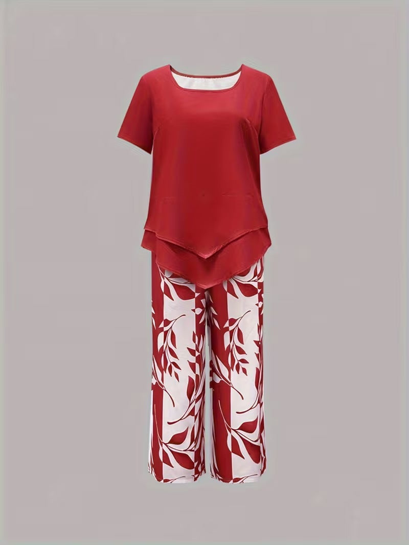 Summer 2 Piece Sets for Women with Leaf Print Tee and Wide Leg Pants