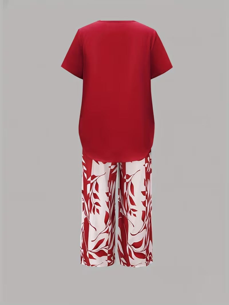 Summer 2 Piece Sets for Women with Leaf Print Tee and Wide Leg Pants